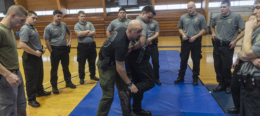 Future Police: City of Ogdensburg Patrolman Ryan Polniak demonstrates arrest techniques with cadet Joshua Belile during a class in the David Sullivan-St. Lawrence County Law Enforcement Academy.