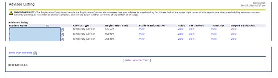 Screenshot: Advisee Listing in Banner