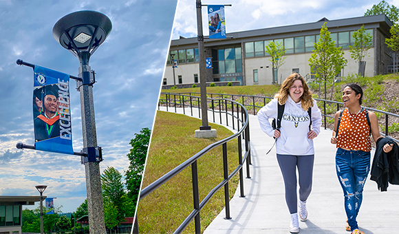Award-winning banner project: Excellence banner and students walking through the plaza.