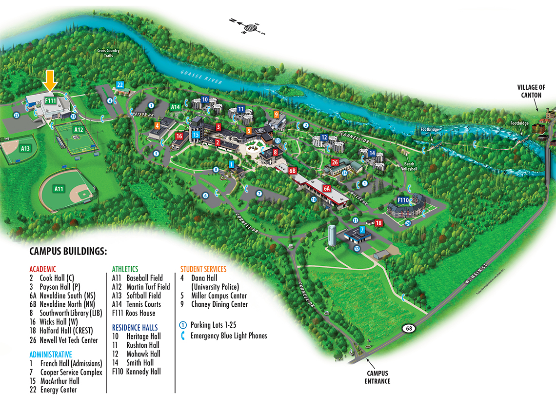 A map of campus with a yellow arrow over Roos House (F111).