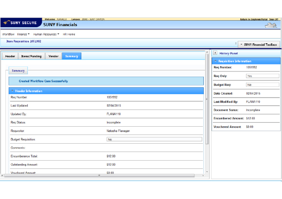 Screenshot: Header, Item Funding, Vendor