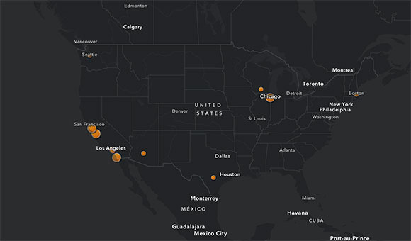US Map detailing coronavirus outbreaks by city