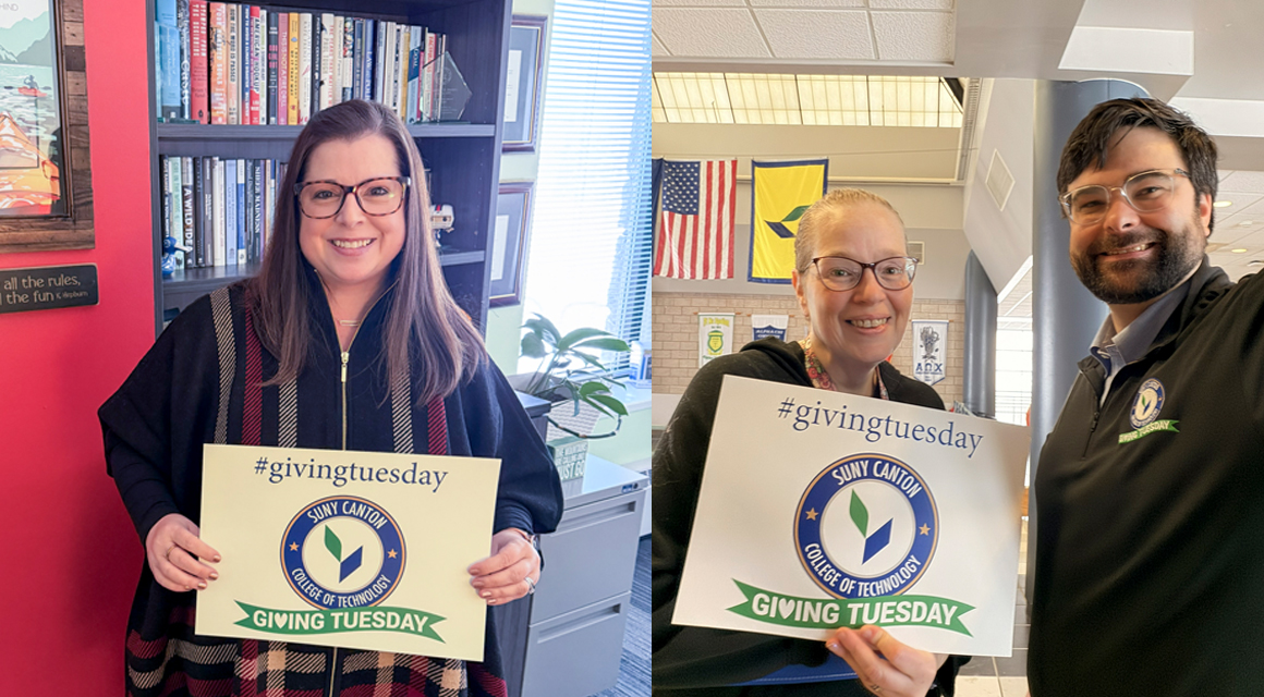 Courtney Bish holds a Giving Tuesday sign in her office. Kelly Ficner holds a sign in the Campus Center while Geoffrey VanderWoude snaps a selfie.