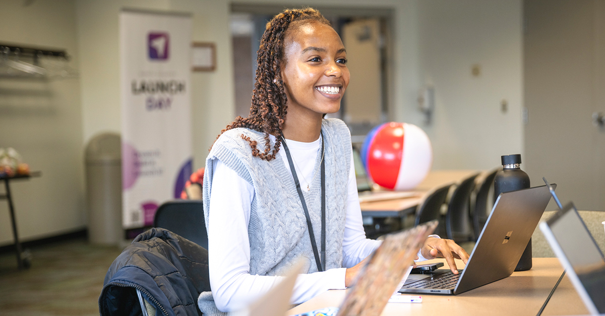 St. Lawrence University Student Samira Muthoni works with a group focusing on industrial pollutants in the St. Lawrence River as part of Launch Day.