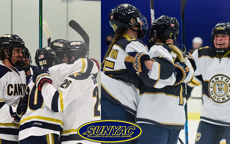 Men's and Women's Hockey teams celebrate + SUNYAC logo