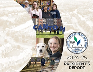 Annual Report 2024-25 cover: Early Childhood students, students holding blue letters that spell CANTON, a student with a dog, two students sit on steps in the plaza.
